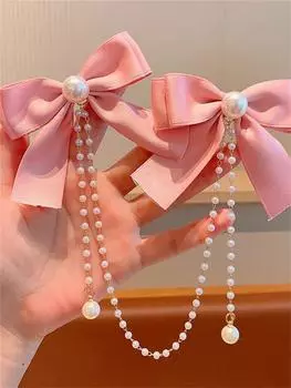 2 заколки Женские Жемчужная цепочка Розовая двусторонняя заколка с бахромой-бантом Size fits all