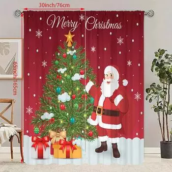 2 занавески с принтом Санта-Клауса и рождественской елки - полиэстеровый материал - подходит для спальни, гостиной, кабинета, частной комнаты 30Wx65L(76x165CM)x2