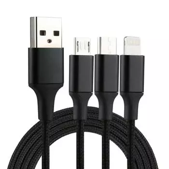 2A 1.2m 3 in 1 USB to 8 Pin & USB-C / Type-C & Micro USB Nylon Weave Charging Cable чёрный