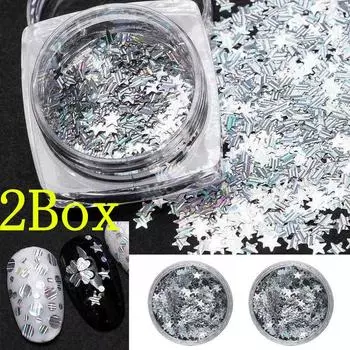2Box Nail Art Mixed Glitter (Star Bright Silver ) 10g Bag Holographic Chunky