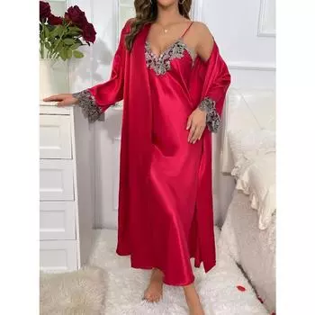 2cs Контрастный кружевной длинный рукав с поясом Халат с V-образным вырезом Комбинация Платье Сексуальные элегантные женские пижамные комплекты S