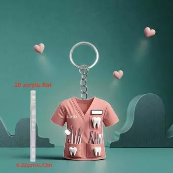 2D Acrylic Dentist Keychain Charming Pink Costume Design with Dental Tools, Waterproof Acrylic, Ideal Gift for Female Dental Professionals розовый
