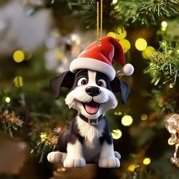 2D акриловая мультяшная собака, рождественская елка, кулон, рождественская мультяшная милая рождественская шапка, собака, двойная печать, 2D гирлянда из бусин с огнями