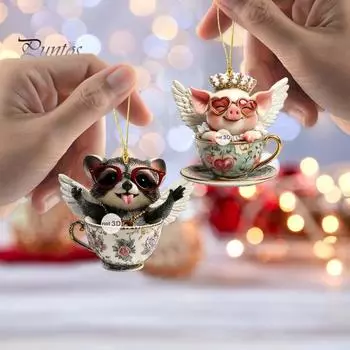 2D акриловый кулон в виде животного, животные в чашке, подвесное украшение, мультяшное животное, украшение со шнурком для зеркала заднего вида автомобиля, домашнего декора двери A