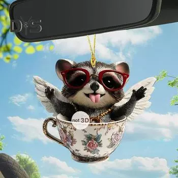 2D акриловый кулон в виде животного, животные в чашке, подвесное украшение, мультяшное животное, украшение со шнурком для зеркала заднего вида автомобиля, домашнего декора двери A