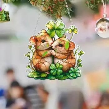2D Белка Подвеска Клевер Печать Акриловая Конструкция Домашняя Кухня Автомобиль Подвесной Кулон Металлическая Цепочка Присоска Включена Сад Балкон Украшения зелёный