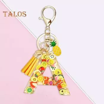 2D брелок с фруктами и кисточкой в форме буквы алфавита, брелок для ключей, украшение на сумку, подвеска, фурнитура, функция зажима, киви, арбуз, грейпфрут, декоративный ключ C
