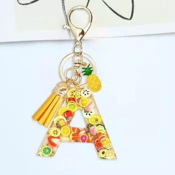 2D брелок с фруктами и кисточкой в форме буквы алфавита, брелок для ключей, украшение на сумку, подвеска, фурнитура, функция зажима, киви, арбуз, грейпфрут, декоративный держатель для ключей A