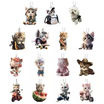 2D Car Pendant Hanging Ornament With Chain Realistic Animal Cat-Shaped Rearview Mirror Hanging Decor Car Interior Accessories