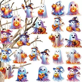 2D двухсторонние картонные бирки-привидения на Хэллоуин, украшения для вечеринок, подвески, украшения для сцен фестиваля привидений, подвесные аксессуары 12 cards + rope,