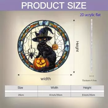 2D Flat Halloween Black Cat Acrylic Dream Catcher Pendant - Stained Glass Style Decorative Plate with Pumpkin and Spider Elements 20CM