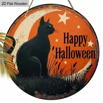2D Flat Halloween Cute Cat Round Wooden Hanging Pendant, Living Room Garden Decor, Wall Art, Halloween Party Decor, Halloween Gifts 2D,Style11pc