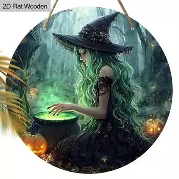 2D Плоская 1 шт. Деревянная Хэллоуинская Декоративная Табличка, Красивый Дизайн с Узором Ведьмы, Настенный Декор, Идеальный Праздничный Подарок на Хэллоуин 2D,Style1,1pc зелёный