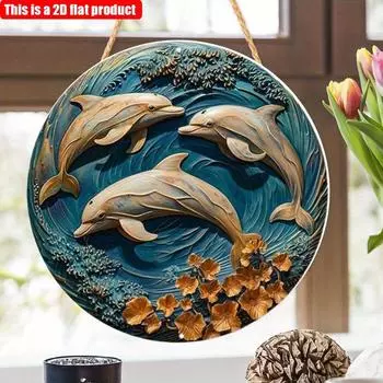 2D плоская 20*20см 1шт. Круглая деревянная подвеска с узорами в виде трех дельфинов, морская тематика, декоративная тарелка, подходит для ресторана, окна и коридора 20*20cm
