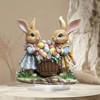 2D плоская акриловая фигурка кролика в стиле бохо из 1 шт. с ручной цветной корзиной для яиц - многоцелевой настольный декор на День святого Валентина, Пасху, День благодарения