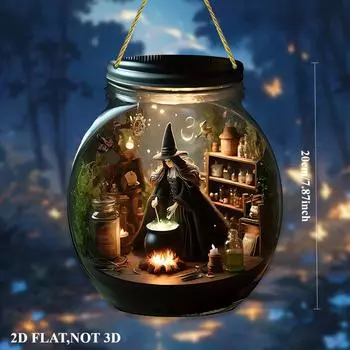 2D Плоские Подвесные Украшения Ведьмы на Хэллоуин с Веревкой - 2D Акриловые Украшения-Ловушки Солнечного Света, Шляпы Ведьмы и Котлы, Украшения для Дома и Сада на Хэллоуин 7.87 x 6.69 разноцветный