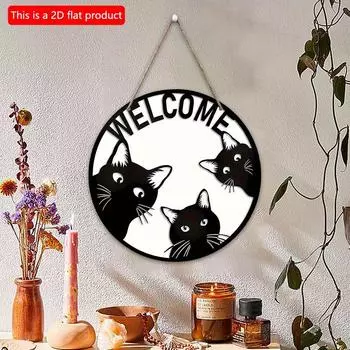 2D плоский 20*20 см 1 шт. Приветственный знак Веселые Черные Кошки Деревянное Подвесное Украшение, Простой, но Милый Стиль Художественное Украшение Подходит Для Украшения Клуба, Сада, 20*20cm
