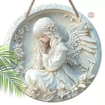 2D плоский белый крылатый ангел деревянная настенная живопись, ангел молитвенный венок подвесной декор для дома/церкви, элегантный ангел орнамент для двери, окна или комнаты 01;1pc
