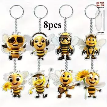 2D плоский брелок-пчела из 8 частей, милый мультяшный брелок на тему пчел, декоративная подвеска. 8 pieces/1 set