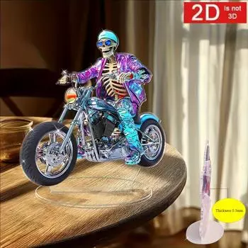 2D плоский, хип-хоп череп на мотоцикле, акриловая статуэтка-принт с подставкой - идеально для спальни, декора стола и уникальных идей для подарков