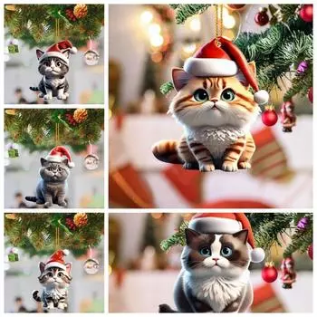 2D Плоский Кот Рождественский Подвесной Акриловый Елочный Украшение Подвеска на Рождественскую Елку Подарок На Новый Год Style 1