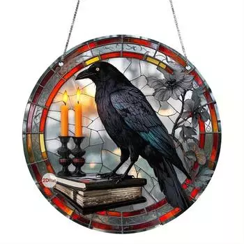 2D плоский ретро Хэллоуин акриловый круглый кулон-ловец снов - узор летучей мыши/вороны/черного кота, украшение для окна, ужасающее украшение для дома в помещении и на улице 20CM чёрный