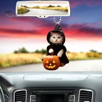 2D подвесное украшение для автомобиля с котом, фестиваль Хэллоуина, авто зеркало заднего вида, тыква, волшебник, котенок, животное, акриловый подвесной орнамент, кулон A