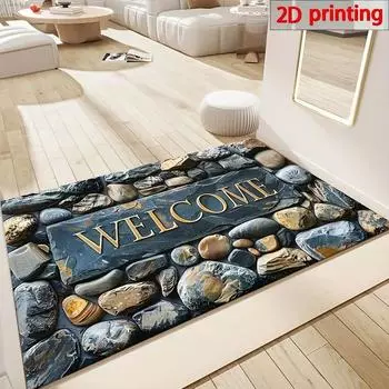 2D Приветственный коврик с дизайном гальки - Прямоугольный коврик толщиной 6 мм, Нескользящий, Машинная стирка, Подходит для прихожей, гостиной, ванной комнаты 40*60cm синий