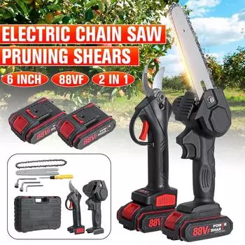 2IN1 Беспроводная электрическая цепная пила 6 дюймов и электрические ножницы для ветвей 30 мм, секаторы, набор инструментов, резак по дереву, деревообработка 2*Batteries