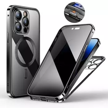 2IN 1 HD Прозрачный чехол из закаленного стекла с защитой от потемнений для Iphone 15 Plus 14 Pro Max 13 12 Магнитный задний корпус ПК Противоударный роскошный чехол iPhone 15(with tempered glass film) прохладный черный