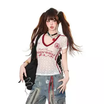 2KWEIRD Футболка с V-образным вырезом, микропрозрачная, с кружевной вышивкой, женский топ с короткими рукавами, эстетика Y2k S белый