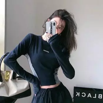 2KWEIRD Лоскутная футболка для женщин Уличная одежда Готика С длинным рукавом Укороченный топ Y2k Облегающая Хип-хоп Футболка Женская Корейская S темно-синий