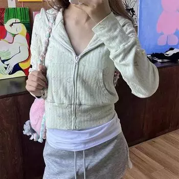 2KWEIRD Толстовки с капюшоном со сладким цветочным принтом, Новые облегающие топы Mujer Y2k Grunge, Кардиганы на молнии с длинным рукавом S