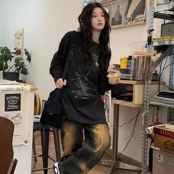 2KWEIRD Уличная одежда Футболки с принтом букв для женщин Y2k Эстетика Свободные Осенние Футболки Хип-хоп Повседневные Черные Топы на все случаи жизни S чёрный