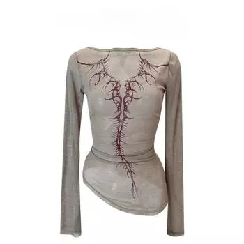 2KWEIRD Винтажные женские футболки с длинным рукавом, с круглым вырезом и принтом, модные повседневные туники, топы Y2k, корейские кроп-футболки, рубашки для женщин S