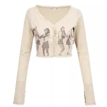 2KWEIRD Y2k Одежда Ретро Кампус Стиль Принт Приталенный С Длинным Рукавом Летний Дизайн Кружево Короткий Кардиган Топ Гранж Одежда Ropa Mujer S бежевый