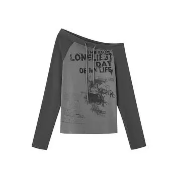 2KWEIRD Японская футболка Y2k с открытыми плечами Гранж эстетика Принт граффити Футболка с длинным рукавом Винтажная уличная одежда Харадзюку 90-х S серый