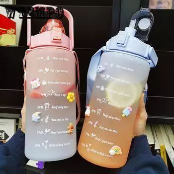2L Бутылка для воды большой емкости с отскоком крышкой Временная шкала Напоминание Герметичная матовая чашка для спорта на открытом воздухе и фитнеса фиолетовый