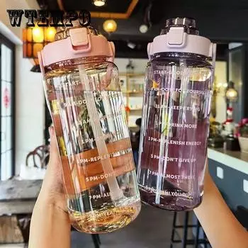 2л бутылка для воды с соломинкой, большие портативные дорожные бутылки для женщин и девочек, спортивная чашка для фитнеса, летняя холодная вода со шкалой времени 2000ML