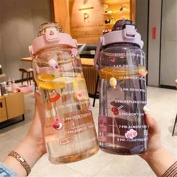 2л спортивная соломенная бутылка для воды с наклейками портативная большая емкость чашка для фитнес-велосипеда летний кувшин для ледяной воды с маркером времени