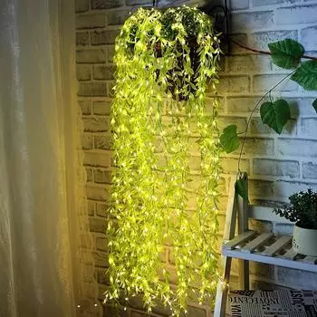 2M 20 Light Always on Battery Box Willow Curtain Lamp Декоративная гирлянда Имитация листьев Кованая железная корзина Медная проволока green&0-5W теплый белый