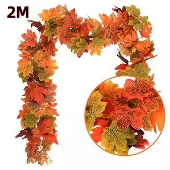 2M Simulated Autumn Maple Leaf Wreath Fake Plants Autumn Decoration Grape Vine Thanksgiving Halloween Wedding Decoration 1PC