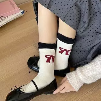 2Pairs Kawaii Sweet Tube Socks Dot Socks Women Fashion Bowknot Ruffle Socks Girl White&Grey Bowknot