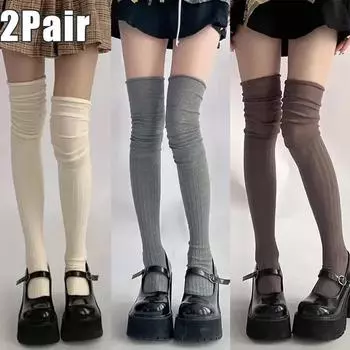 2pairs Women s Knee-length Socks Ladies Thigh-length SocksWarm Knitted Boot Socks Leg Warmers Japan JK Cotton Thigh High Bottoms Free size