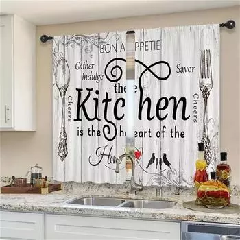 2Panels Fashion Minimalist Knife Fork Text Kitchen Window Curtains Easy Install For Спальня Кабинет Кафе Гостиная Домашний Декор 50W130H(CM)X2PCS&Hook