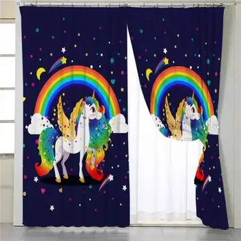 2Panels Pink Cartoon Unicorn Rainbow Curtains Animated Mermaid Curtains for Bedroom Living Room Balcony Floor-to-Pool Windows (50Wx50H)x2(CM)&Rod Pocket
