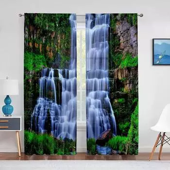2panels Waterfall with Nature Landscape Theme Green Forest River Curtains for Living Room Bedroom Curtain Blinds Window Drape 100W130H(CM)40x51in&rod pocket