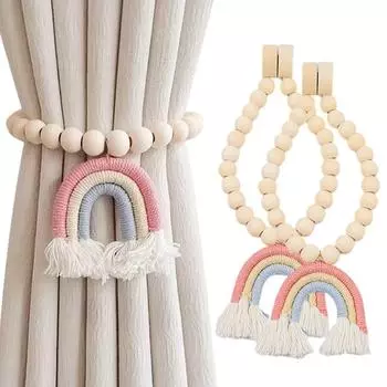 2pc Bead Garlands Curtain Tiebacks Boho Style Rainbow Tassels Curtain Rope Holdback For Home Office Living Room Decoration