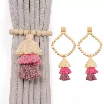 2pc Bead Garlands Curtain Tiebacks Rainbow Tassel Wood Bead Magnetic Curtain Tiebacks For Home Office Living Room Decoration