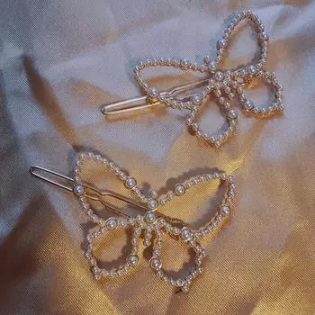 2pc European and American Alloy Pearl Butterfly Hair Side Clips for Girls Women Ladies Wedding Party Korean Hair Accessories